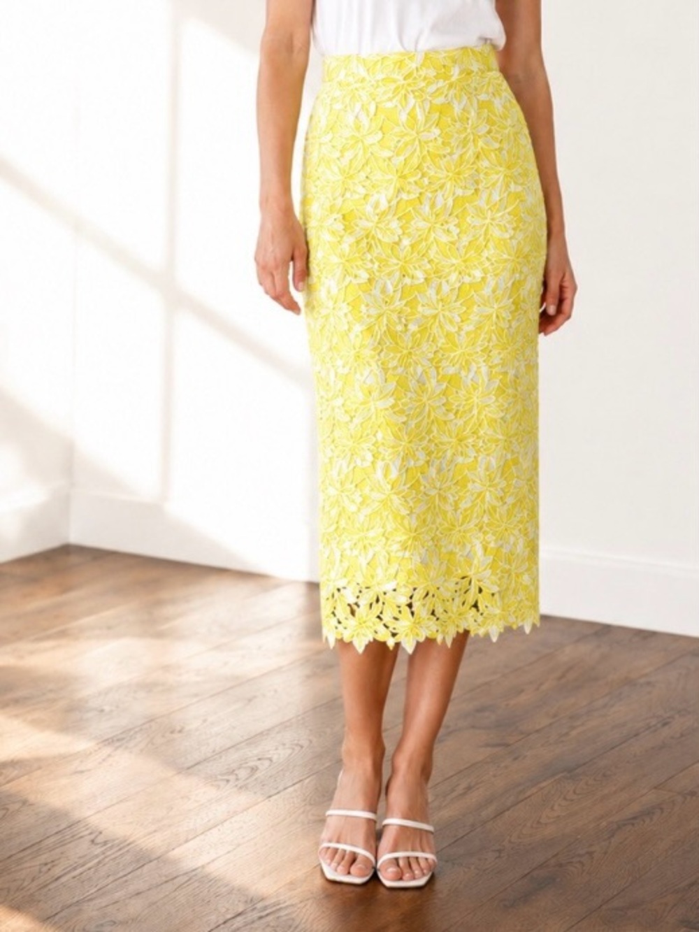 Sunday in Brooklyn Pale Yellow Lace Pencil Skirt